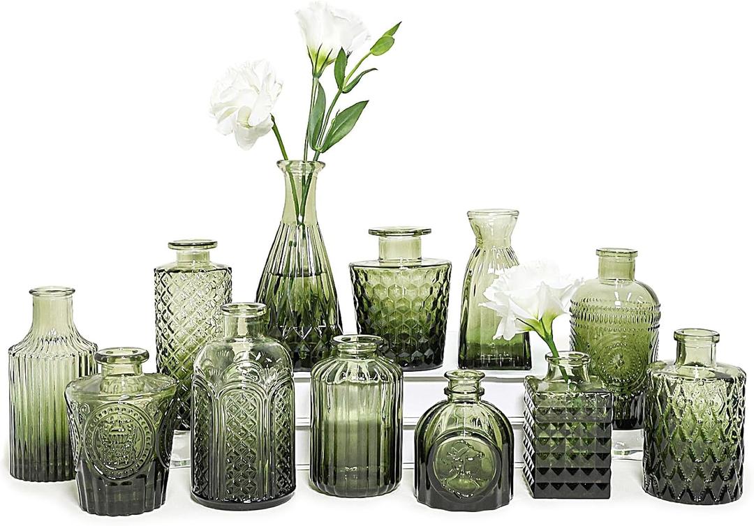SUPMIND 12pcs Glass Bud Vase Set, Small Green Flower Vases for Centerpieces in Bulk, Mini Vintage Vase for Wedding, Home,Table Decoration