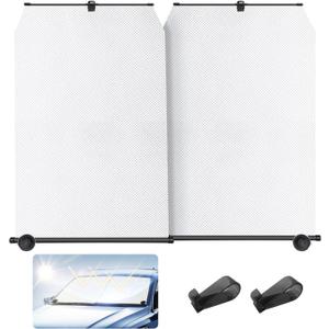 Retractable Windshield Sun Shade - 99% UV & Heat Block, 420D Fabric, Universal Fit for Cars Trucks SUVs (Not for Large Trucks/Contoured Windshields.)