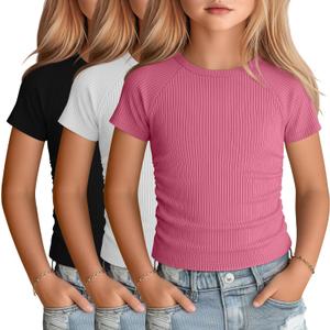 3 Pack Girls Short Sleeve Cute Shirts | Ribbed Knit, Crew Neck, Slim Fit, Summer, Basic, Soft, School Outfit, Trendy, Ages 5-14, Solid Colors, Versatile Styling