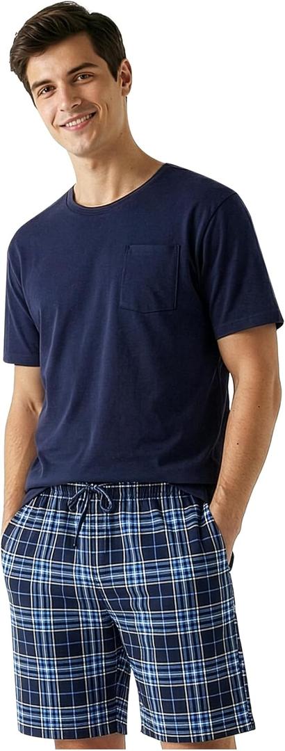 Get Trend Pajama Set for Men Teens, 2 Pc Soft Breathable Pajamas, T Shirt & PJ Shorts with Pockets, Lounge Set, Gifts for Men (5XL, Navy/White)