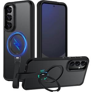 for Samsung Galaxy S24 FE Case with 360Spin Magnetic Stand-Finger Strap, [Fit for MagSafe][Mil-Grade Protection],Non-Slip Shockproof Rugged Ring Holder Matte S24 FE Phone Case (Black) 24