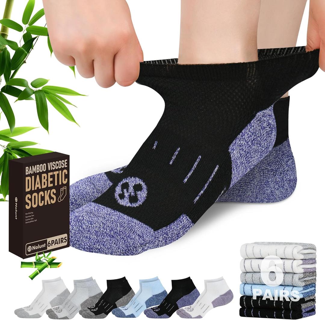 Nonlut Diabetic Socks for Men,6 Pairs Low Cut Neuropathy Mens Diabetic Socks 9-11/10-13(White+Black+Grey+Black+White+Light Blue-Medium)