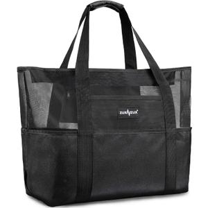 ZUXNZUX Mesh Beach Bag - Large Waterproof Beach Tote Bag with Zipper, Oversized Foldable Lightweight Family Swim Bag Vacation (Black)