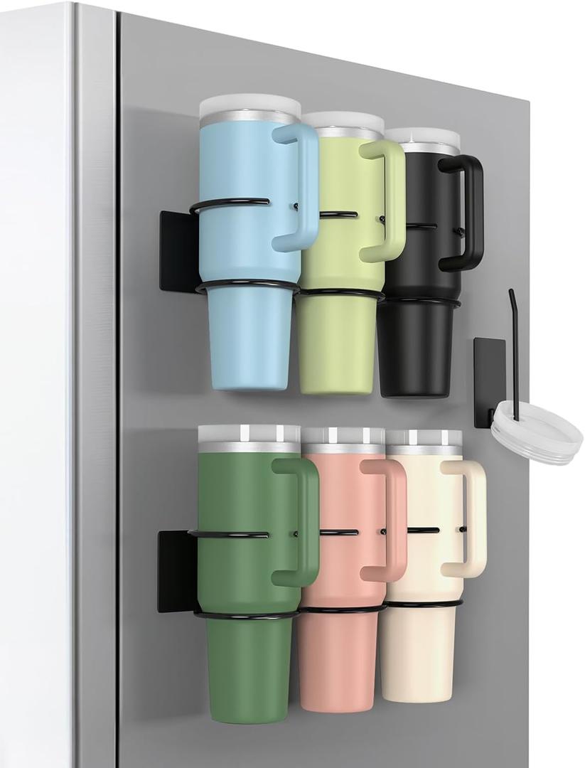 BOTEMY Magnetic Stanley Cup Holder for Fridge, Water Bottle Holder for Stanley Cup 40oz, 2 PCS Magnetic Cup Holder and 1 Tumbler Lid Organizer for Stanley Cup Accessories