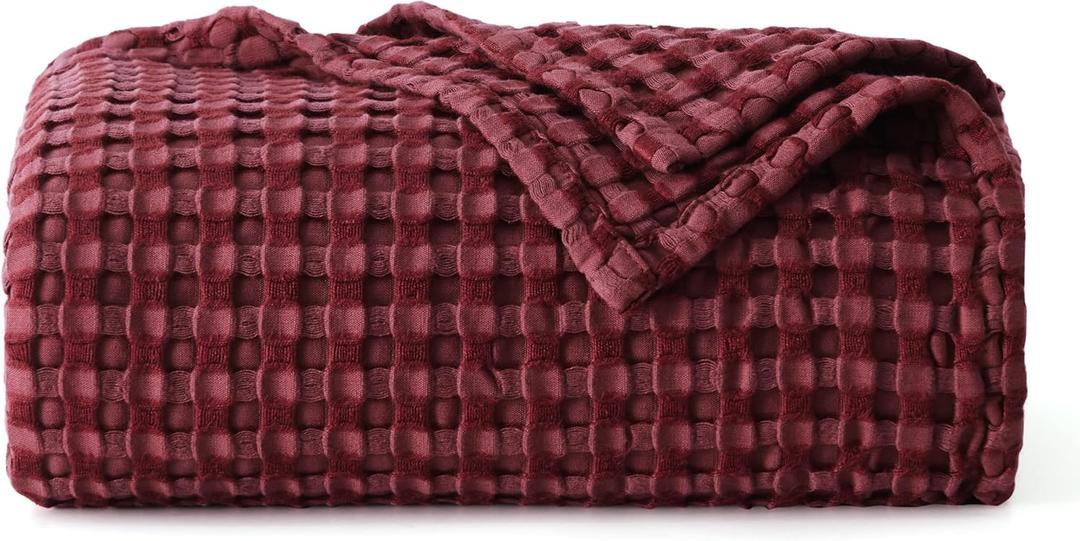 Bedsure Cooling Cotton Waffle Weave Blanket - Lightweight Breathable Blanket of Rayon Derived from Bamboo for Hot Sleepers, Luxury Throws for Bed, Couch and Sofa, Dark Red, 50x70 Inches