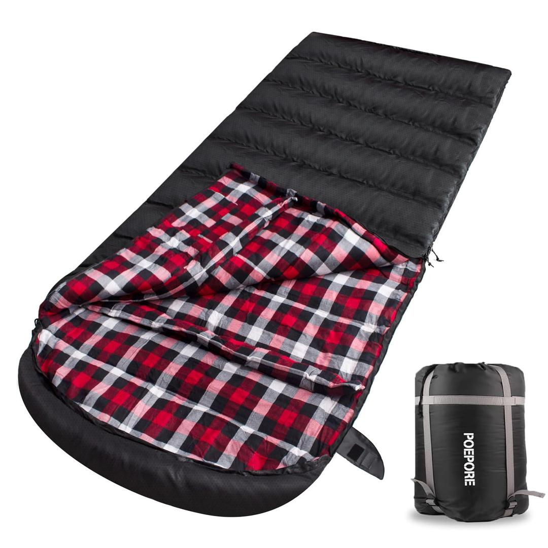 POEPORE Flannel Sleeping Bag Cotton 0 Degree Cold Weather for Adults XXL Sleeping Bag 4 Season Big and Tall with Compression Sack