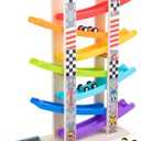 Wood City Toddler Toys for 1 2 3 Years Old, Wooden Car Ramp Racer Toy Vehicle Set with 7 Mini Cars & Race Tracks, Montessori Toys Craft Gift for Toddlers Boys and Girls