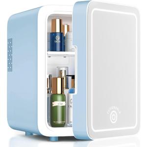 Skincare Fridge With Dimmable LED Light Mirror, 4L Makeup Mini Fridge for Bedroom, Car, Office & Dorm, Cooler & Warmer, Portable Small Refrigerator for Cosmetics, Skin Care and Food, Blue