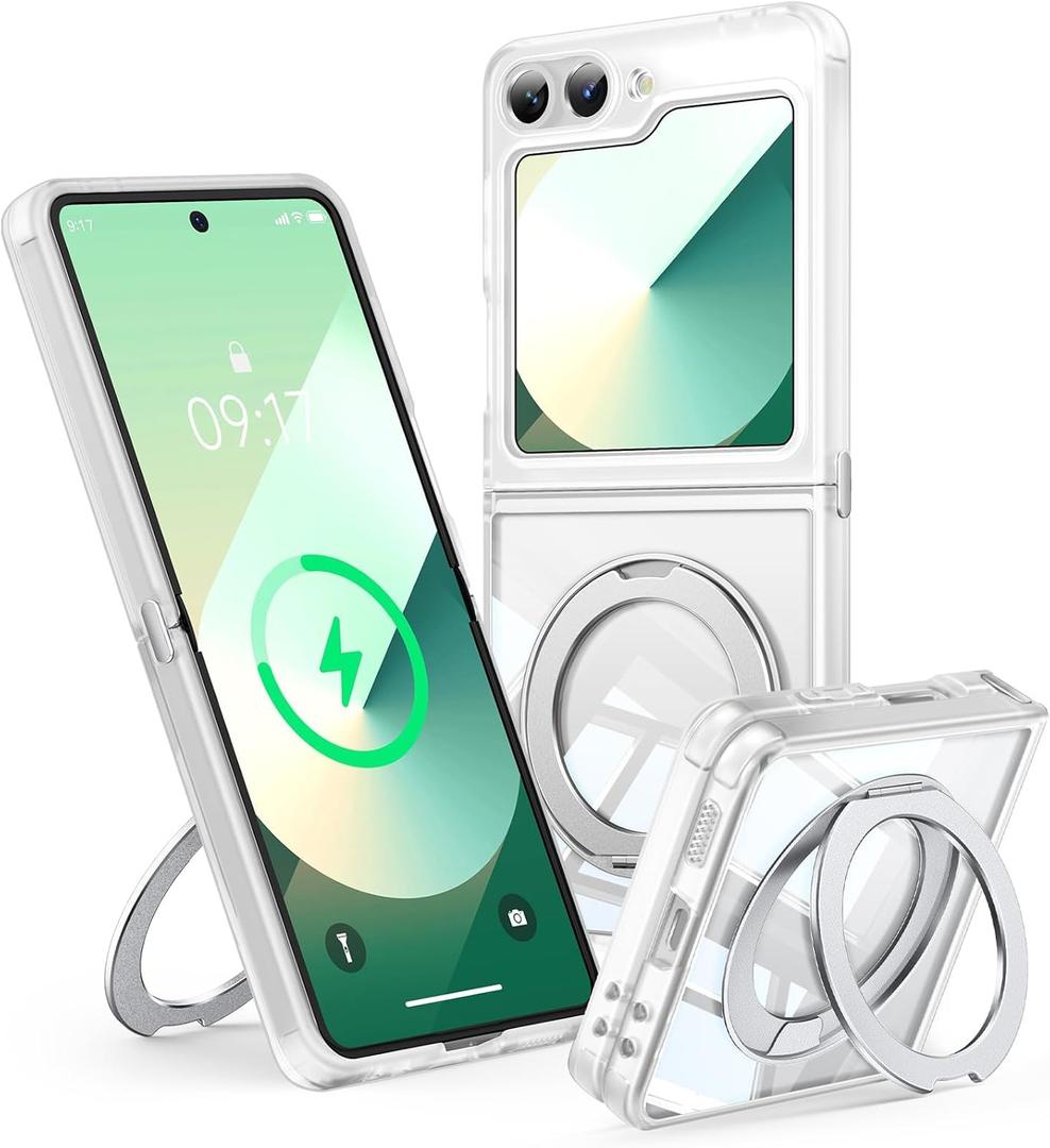 360Spin Magnetic Stand Case for Galaxy Z Flip 6/5 Fit for MagSafe & Pixelsnap Cover with Ring Holder No-Yellow Crystal Clear Camera Protection Phone Samsung Galaxy Z Flip 6/5 Case - Clear
