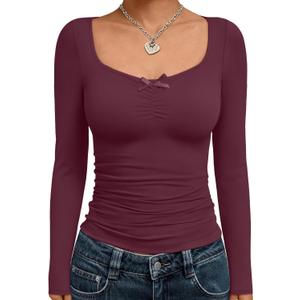 Trendy Queen Womens Long Sleeve Tops Going Out Top Trendy Cute Shirt Y2k Clothes Fashion Clothing Fall Outfits 2026 (X-Small, Wine Red)