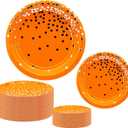 50 Pcs Party Supplies - Orange Silver Dot Tableware Set - 7/9 Inch Paper Plates for Birthdays, Weddings & More