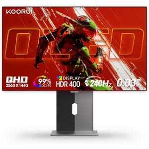 KOORUI 27 inch QD-OLED Gaming Monitor, 240Hz Monitor, 0.03ms, QHD 1440p AdaptiveSync, 99% DCI-P3, HDR True Black 400, Height/Pivot/Tilt/Swivel Adjustability, HDMI & DisplayPort VESA, Black, S2721XO