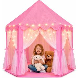 Orian Princess Tent for Kids, Toddler & Kids Pink Play Tent Indoor & Outdoor Princess Castle Fort for Girls and Toddlers Ages 2-7, 55x53, LED Star Lights, Childrens Toys and Gifts for Girls