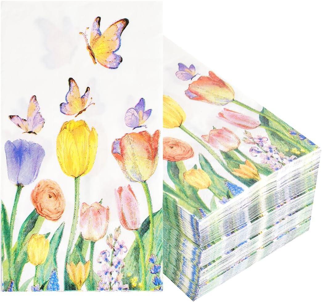 100Pcs Disposable Floral Paper Napkins Spring Tulip Guest Napkins Watercolor Flower Dinner Party Napkins Decorative Hand Towel for Bathroom Wedding Baby Shower Party Supplies Table Decor