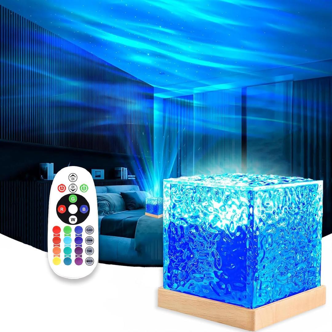 Ocean Wave Projector Light, 16-Color Luminorthe Cube Lamp and App Remote, 3D Holographic Water Ripple Romantic Ambient Lighting for Child's Room, Party, Night Light-4.4inch (Blue)