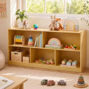 Montessori Shelf, Wooden Toy Storage Organizer with 2-Tier Shelf & 5-Section Storage Cabinet, Kids Bookshelf/Bookcase for Toddler Playroom, Nursery, Classroom(Natural), Large