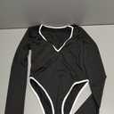 Milumia Women's Sexy Deep V Neck Bodysuit Contrast Binding Long Sleeve Party Club Shirt Tops (Black, S)