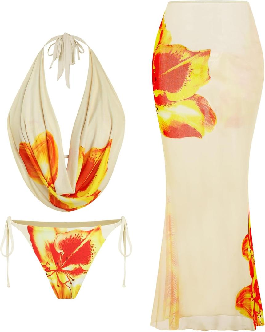 ZAFUL Women's 3 Piece Floral Swimsuit Draped Neck Halter Bikini Tie Side Bathing Suit with Sheer Cover Up Skirt (Beige, L)