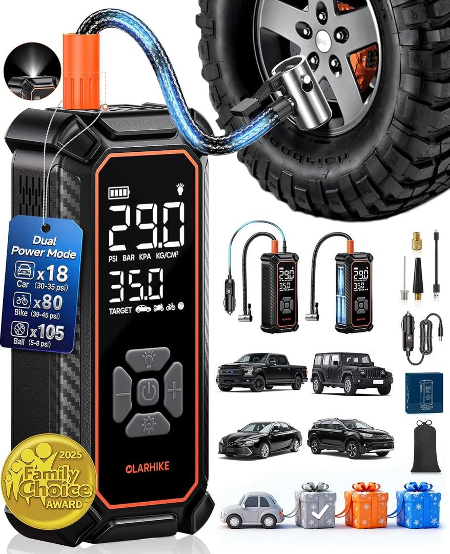 OlarHike Cordless Tire Inflator Portable Air Compressor, 150PSI Dual Power 6000 MAh & 12V DC, Air Pump for Car Tires, Bike, Motorcycle, with LED & Digital Pressure Gauge, Gifts for Men & Women (6000 Mah with Cable (Car&SUV&Light Pickup))