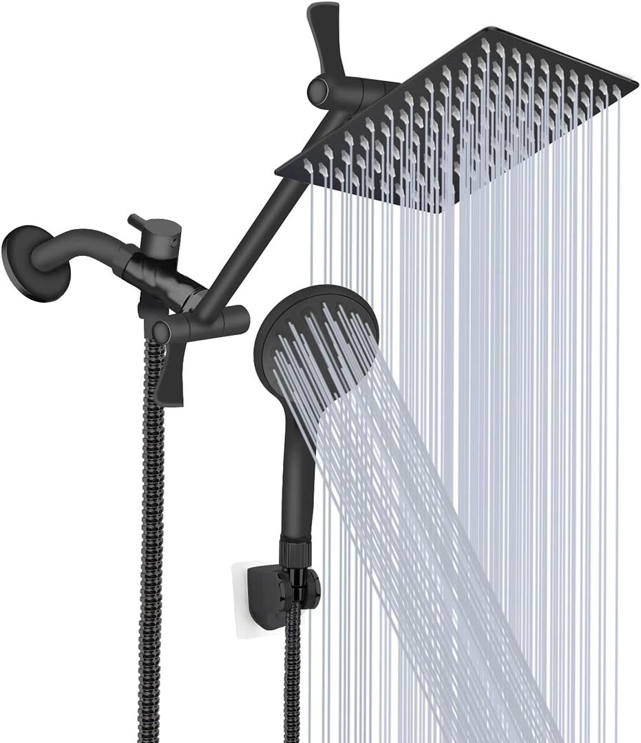 Shower Head 10‘’ High Pressure Rainfall Shower Head/Handheld Shower Combo with 11'' Extension Arm, 9 Settings Anti-leak Head with Holder, Height/Angle Adjustable, Chrome, Matte Black