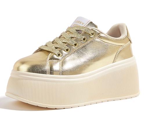 LUCKY STEP Women's Platform Fashion Sneakers Classic Wedge Canvas Casual Low Top Retro Walking Shoes(Gold, 7 US)