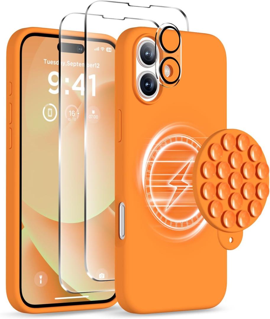 Magnetic for iPhone 16 Case, Compatible with Magsafe, Suction Cup Phone Mount, [2 Screen Protectors][Camera Lens Protector] Silicone Shockproof Protective Slim Phone Cover 6.1", Orange