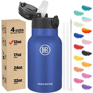 Han's Bottle Kids Water Bottle with Straw Lid - Insulated Stainless Steel Reusable Tumbler for Girls,Boys,Thermo Mug,12oz,Navy Blue