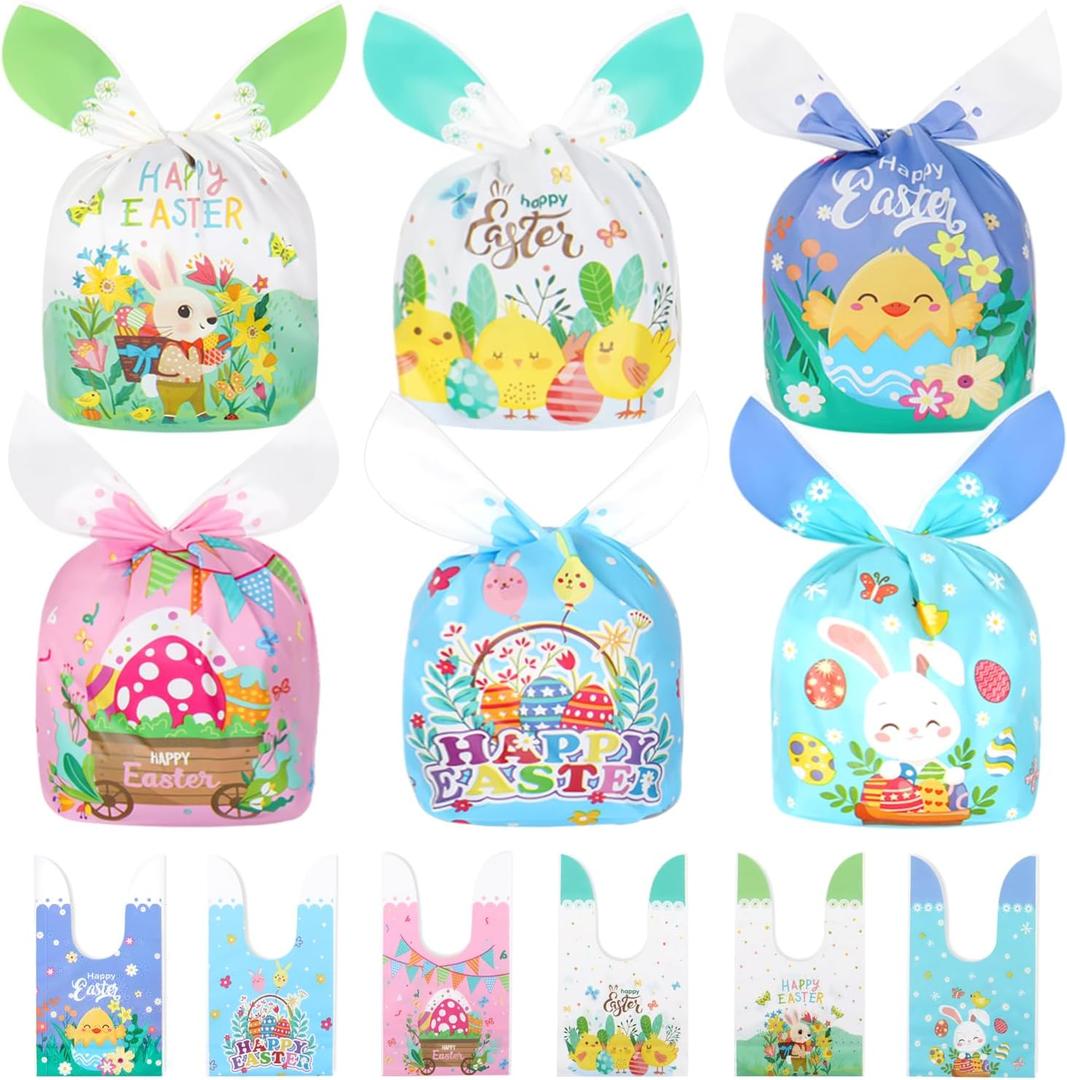 Weenkilly 120 Pcs Easter Treat Bags, 6 Style Easter Candy Bags for Kids, Cute Bunny Ear Plastic Small Easter Gift Bags Goodie Bags for Easter Party Favor Supplies (Color Set 5)