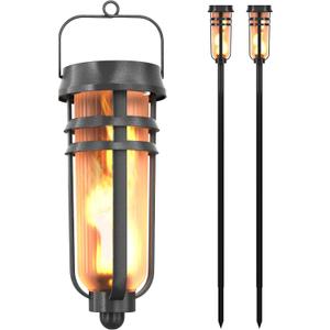 FoxFlame Metal Solar Torch Lights-Adjustable Height (24"-50"), Outdoor Garden Decor with Patented LED, Waterproof Solar Tiki Torches for Yard,Patio,Garden Pathway,Matte Black2 Pack