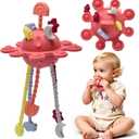 Little Rawr Silicone Baby Sensory Montessori Toys & Pull String Toys for 18 M+, Toddler Birthday Gift Car Seat Airplane Travel Toy for 1 2 Year Old Boy Girl Infant 18+ Months Old (Red)