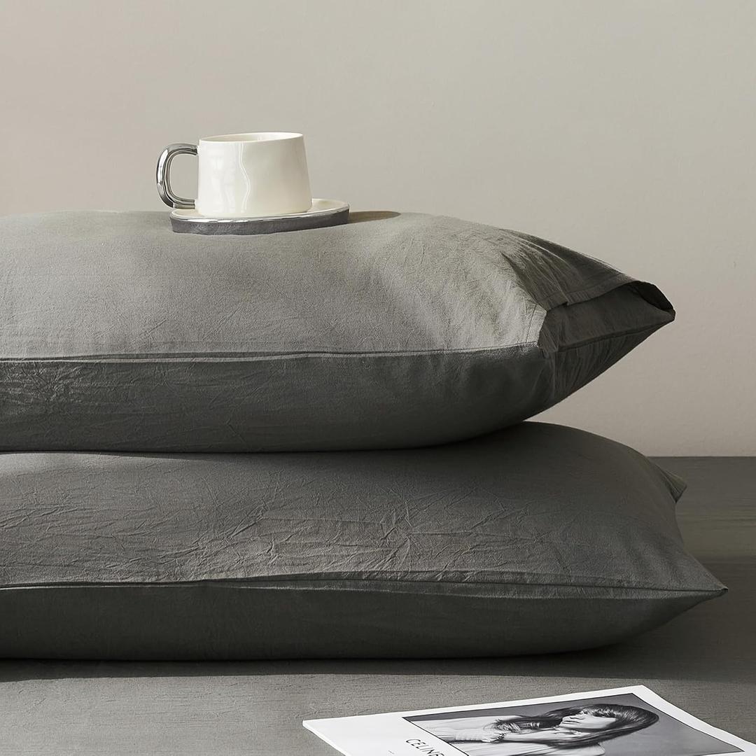 JELLYMONI Pillowcases King Set of 2 Washed Cotton Envelope Pillow Covers Linen-Like Texture,Deep Grey 2036in Bed Pillow Cases Soft Breathable (Pillows are not Included)