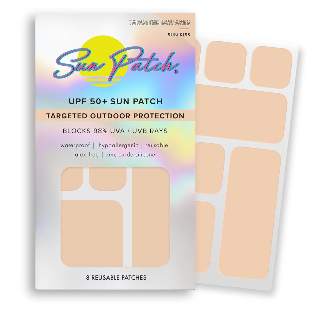 Sun Patch Hypoallergenic Sun-Screen Square Shaped Patches, 100% Silicone UPF-50 UV Protection, Reusable, 1 Pack/8 Squares, Sunkiss (Nude)