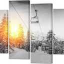 YeiLnm Ski Mountain Posters Snowboard Picture 4 Piece Wall Art Winter Canvas, 12x24inchx2pcs+12x32inchx2pcs