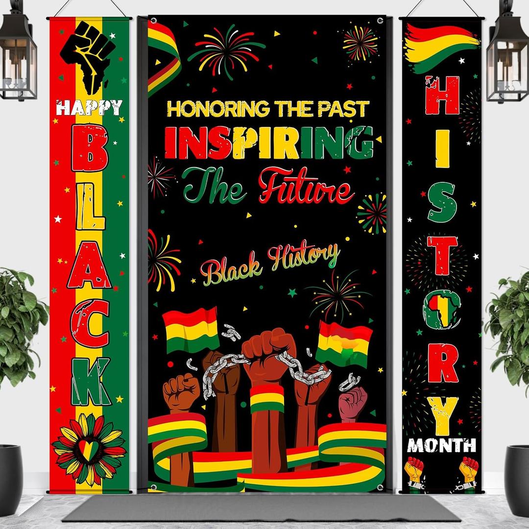 Oudain 3 Pcs Black History Month Decorations Door Banner Backdrop Decorations African American Porch Sign Door Cover Independence Freedom Day Welcome Front Hanging Decor for Festival Celebration