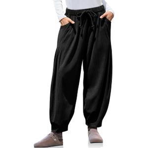 TARSE Womens Baggy Wide Leg Pants Corduroy Casual Drawstring Waist Palazzo Harem Pants with Pockets (Small, Black)