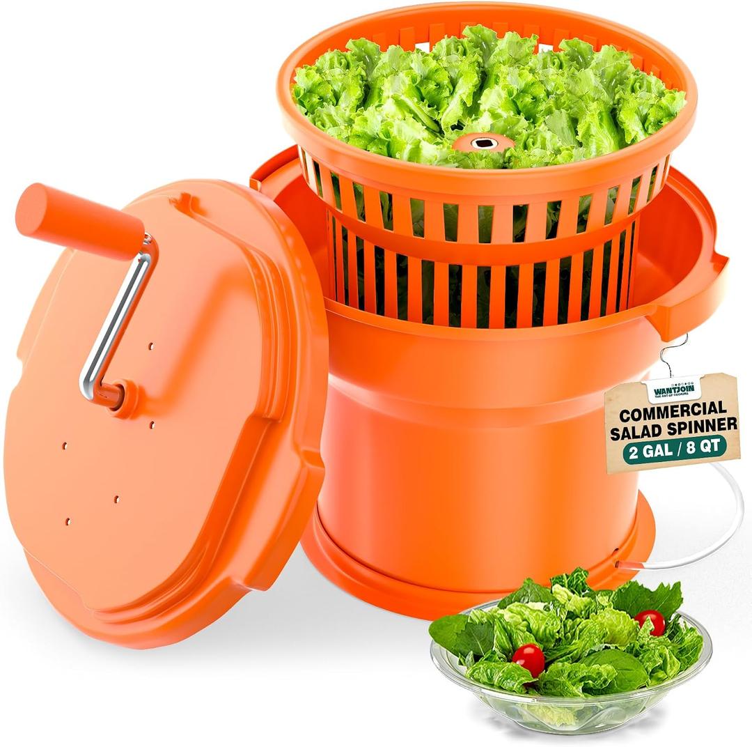 WantJoin Commercial Salad Spinner - 2 Gallon Salad Dryer w/Silicone Anti-slip Mat & Draining Hose, 8Qt Manual Salad Spinner for 3 Heads of Lettuce Spinner Large for Catering