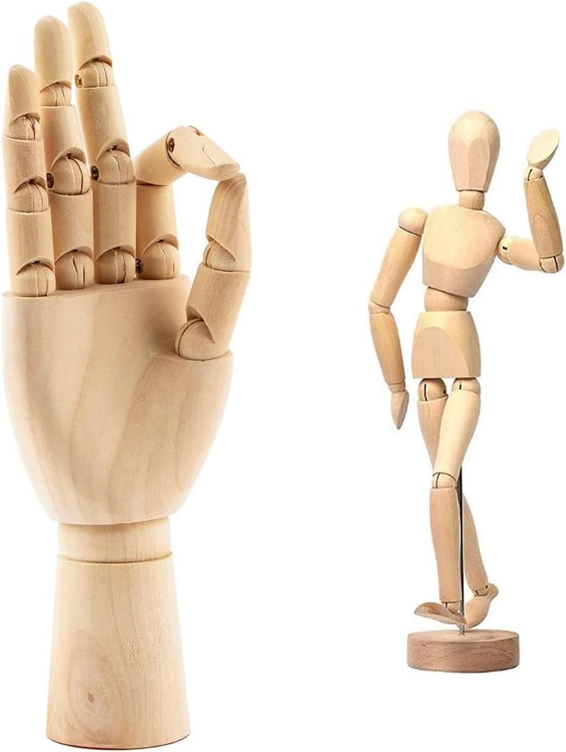 Pack of 2 12" Art Drawing Hand Model,8" Artist Wooden Mannequin Figure Human People Dolls Manikin Supplies Stop Motion Figure Kit, Wooden Tools Posable Figure for Drawing, Painting, Sketching