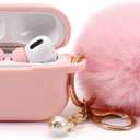 Protective Case Cover for Airpods Pro Charging Case with Ear Tips 1 Pair Kit, Air Pods Silicone Case with Soft Cute Ball Pom Pom Keychain Kit Together with Ear Buds Tips 2&1 (X, Light Pink)