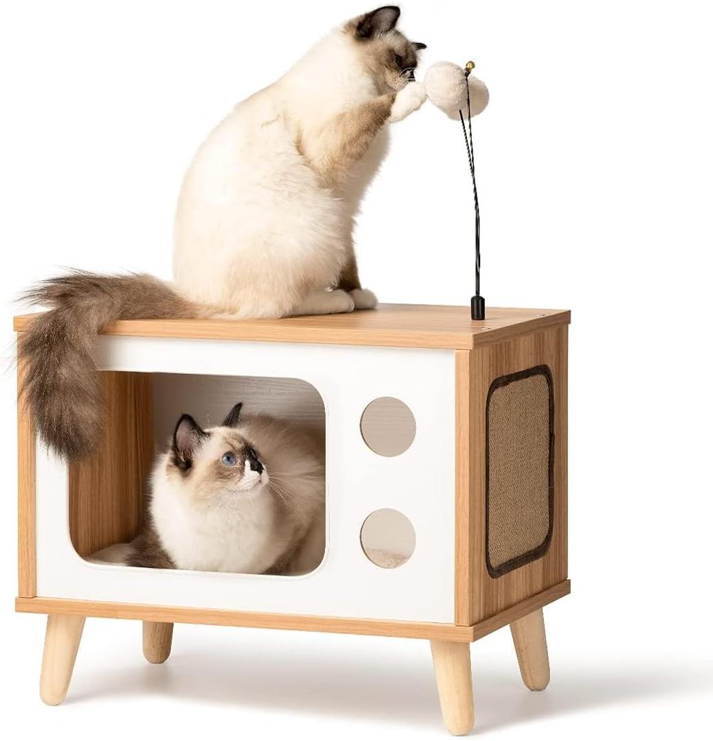 Cat House Wooden Condo Cat Bed Indoor TV-Shaped Sturdy Large Luxury Cat Shelter Furniture with Cushion Cat Scratcher Bell Ball Toys