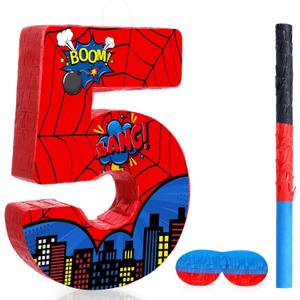 Capoda Number 5 Spider Piata Bundle with Blindfold and Bat Spider Birthday Party Piata for Birthday Party Decoration, 16.14 x 12.32 x 2.76 Inch (Red and Blue)