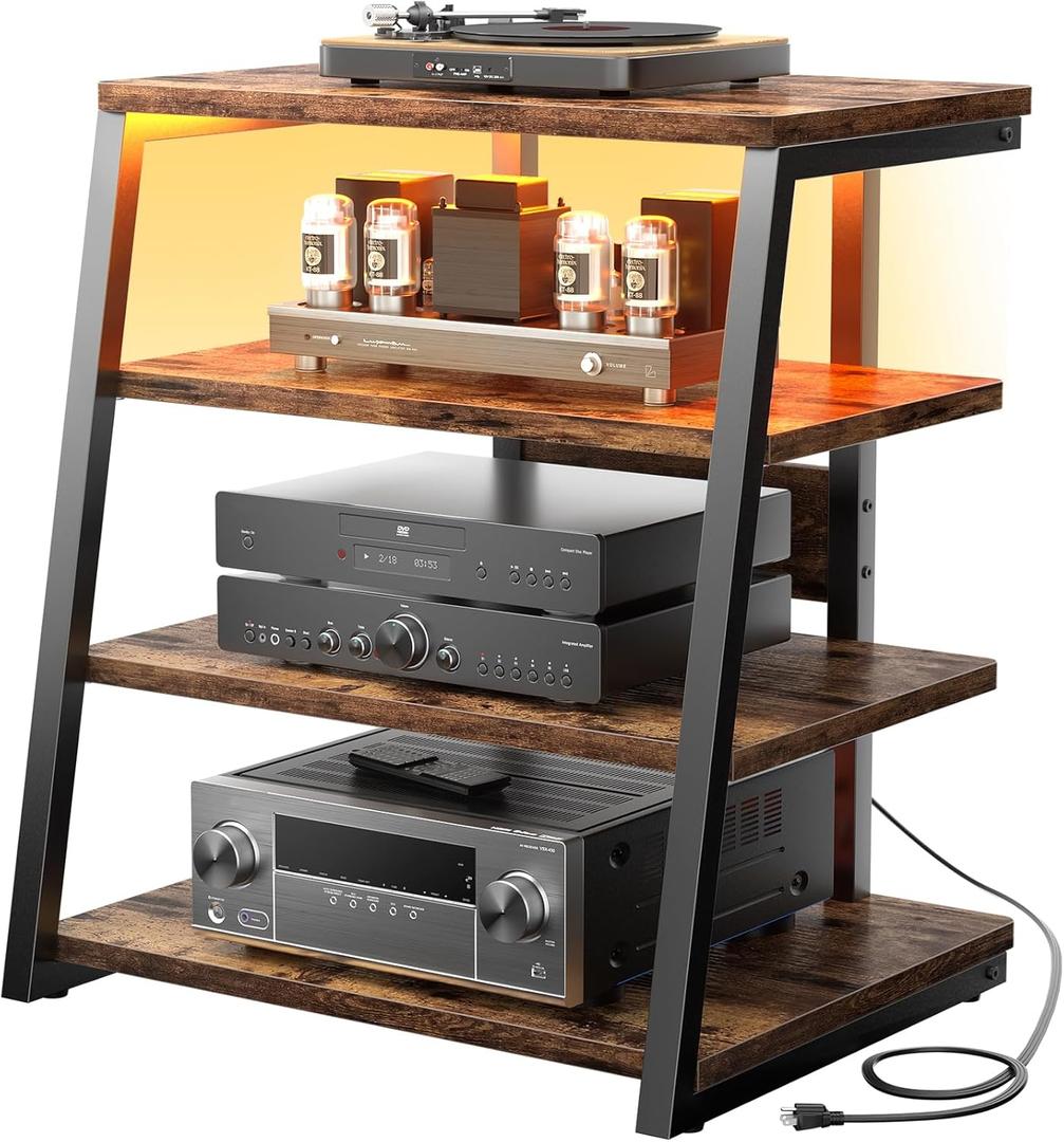 armocity 4-Tier AV Media Stand with Power Strips, Corner TV Stand with LED Lights, Rack Audio Tower with Adjustable Shelves, Corner Entertainment Center, 30'', Rustic Brown (30" (H))