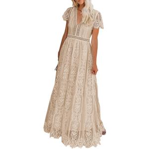 MEROKEETY Women's V Neck Short Sleeve Floral Lace Wedding Dress Bridesmaid Cocktail Party Maxi Dress (Medium, Apricot)