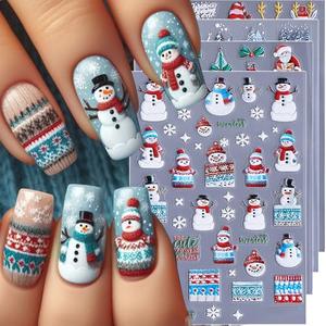Christmas Nail Stickers 5D Embossed Blue Snowman Xmas Tree Nail Decals DIY Self Adhesive Deer Snow House Design 4Pcs Nail Decoration Cute Nail Art Stickers Holiday Manicure Accessories for Women