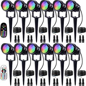 SUNVIE RGBW Low Voltage Landscape Lights Color Changing 12W LED Landscape Lighting Outdoor Waterproof Remote Control for Garden Yard Pathway Christmas Decorative Lighting, 12 Pack with Connector