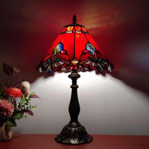 Tiffany Table Lamp Red Baroque Style Stained Glass Lamp 12X12X19 Inch Antique Lamp for Office Home Bedroom Living Include 3-Color LED Bulb