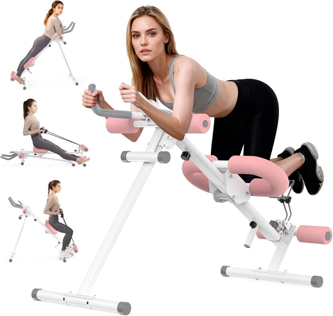 Foldable Ab Machine, 5-in-1 Adjustable Ab Trainer for Home Gym, Full-Body Core Workout Equipment with 10 Length Levels, LED Display & Silent Rollers | Sit-Up & Rowing Machine for Abs Sculpting