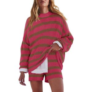 LAMISSCHE Womens Oversized Lounge Sets 2 Piece Outfits Striped Matching Pajama Set Long Sleeve Sweater Set (X-Large, Brown&h Pink)