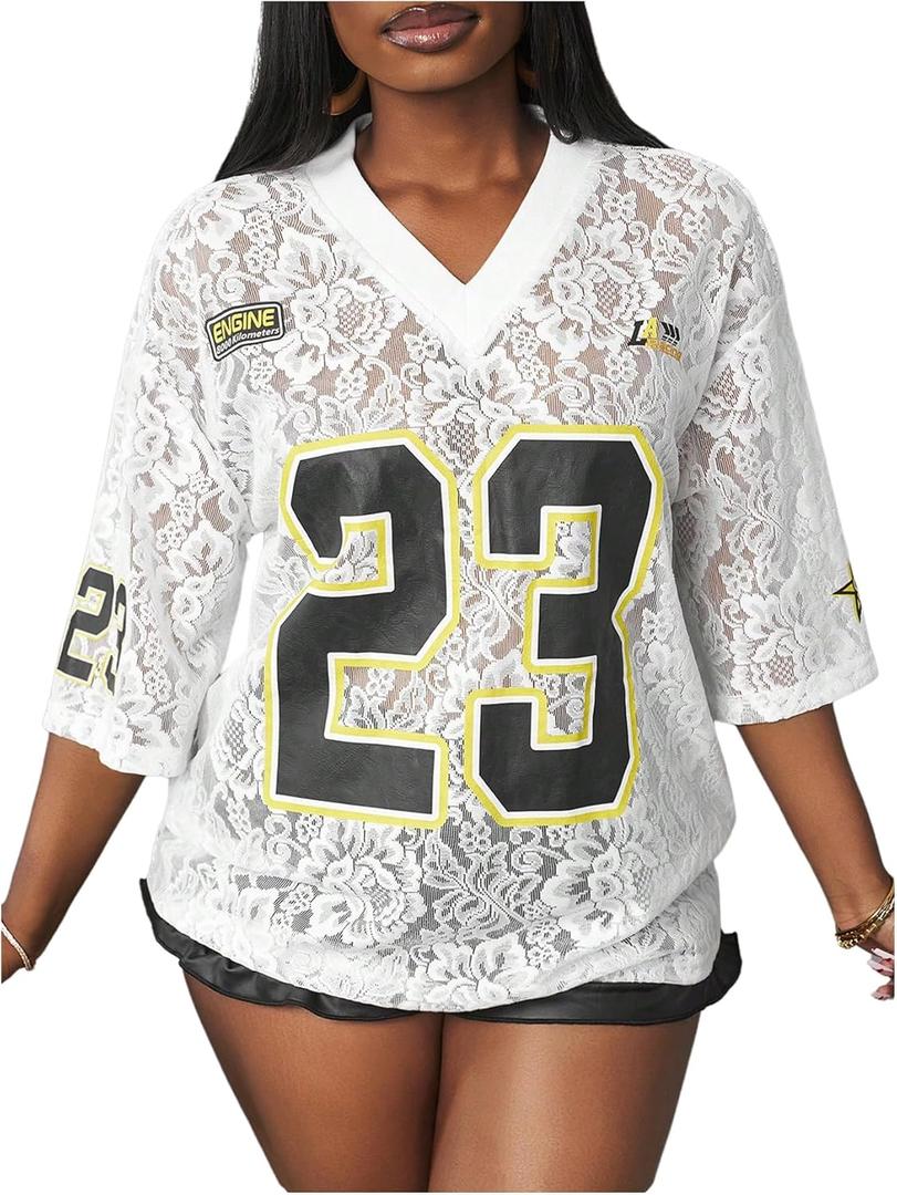 Verdusa Women's Floral Lace Jersey Shirts V Neck Graphic Tees Half Sleeve Loose Summer Tops (White, S)
