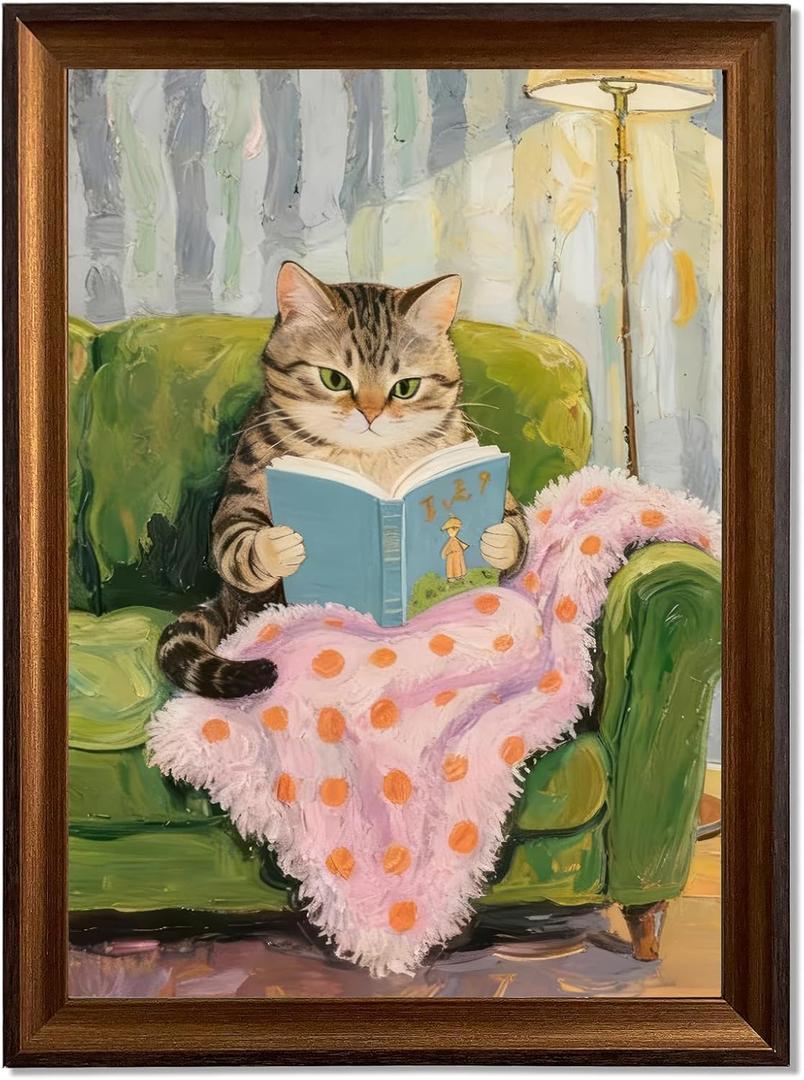 Framed Cat Reading Books Canvas Wall Art Cute Sofa Cat Reading Books Wall Decor Pictures Funny Animal Poster Prints for Bedroom Reading Nook Kids Girls Room 8x12 in
