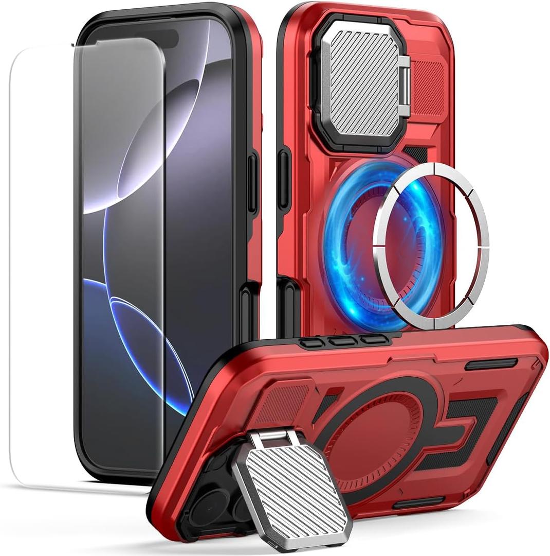 MMHUO for iPhone 16 Pro Case with Adjustable Camera Protector & Screen Protector,[Compatible with MagSafe] [Military Grade Protection] Shockproof Phone Case for iPhone 16 Pro,Red